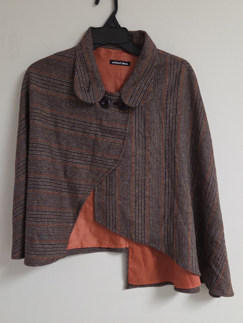 Michael Simon Brown Multi-Stripe Button Cape with Rust Lining